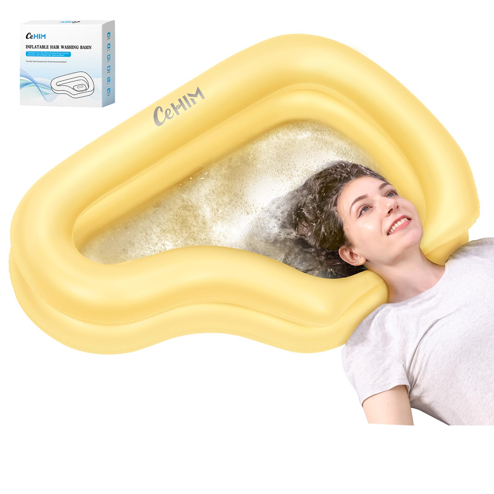 Portable Inflatable Shampoo Basin, Hair Washing Bowl for Bedridden, Disabled, Hair Wash Tub for Home Use (Yellow)