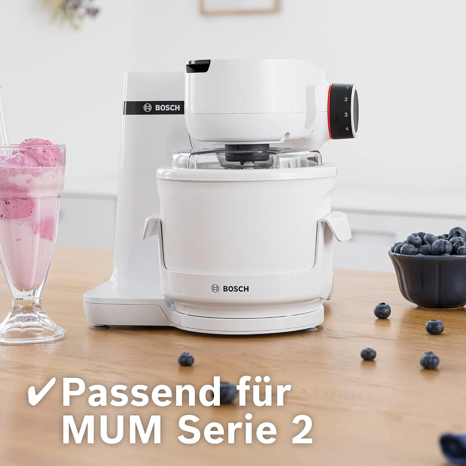 Bosch MUZS2EB Ice Maker Attachment connected to a Bosch MUM Series 2 kitchen machine.
