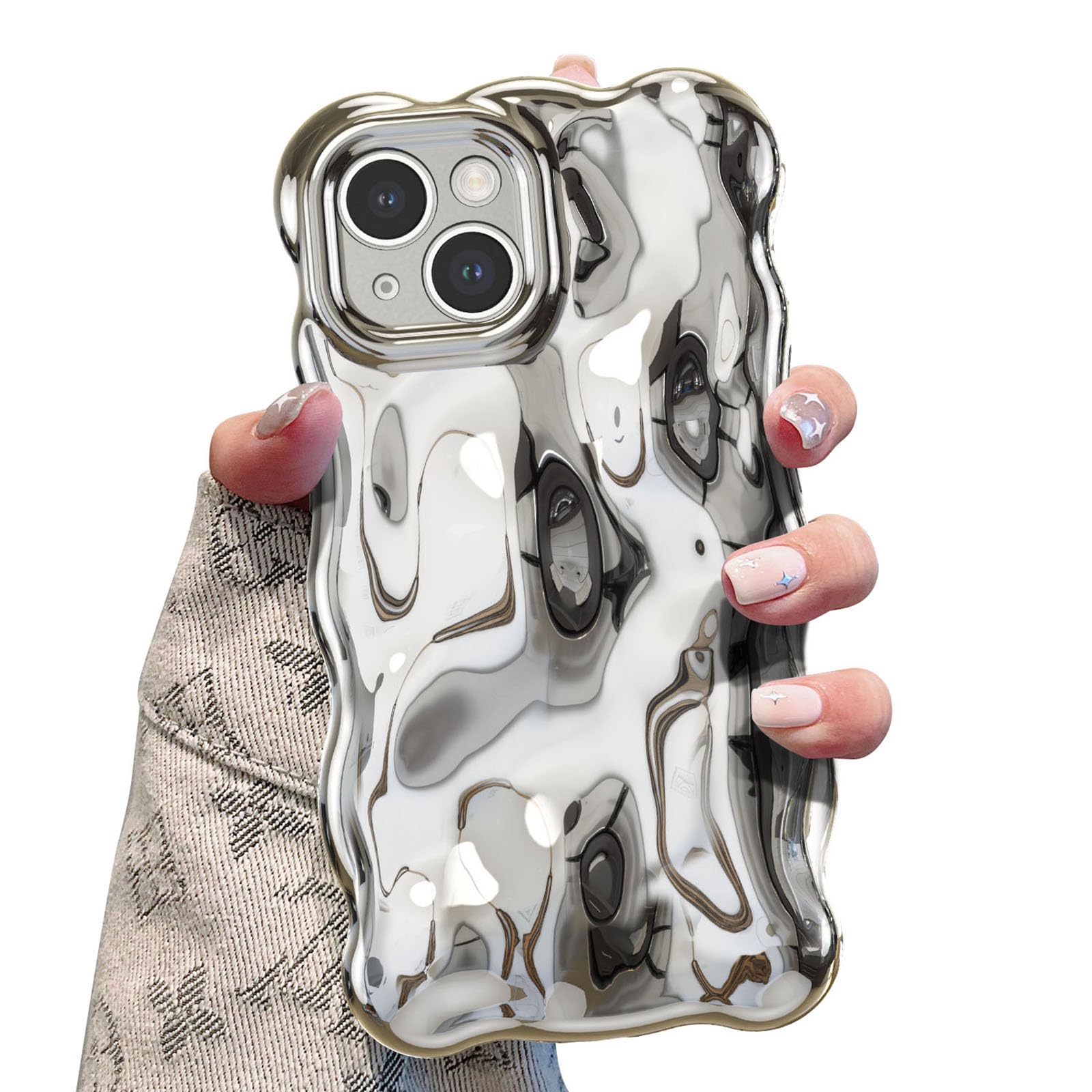 UEEBAI Ripple Case for iPhone 15, Cute Silver Cover Wave Shape for iPhone Case Pretty Aesthetic 3D Phone Cover, Water Ripple Shell 3D Chrome Design