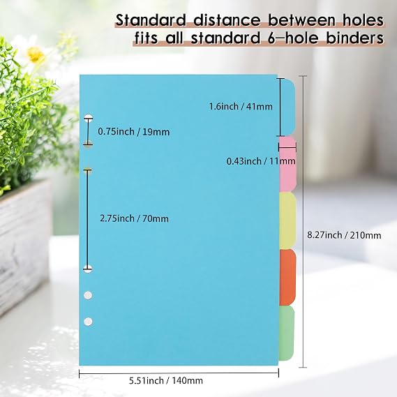 4 Pack A5 Binder Dividers,Paper Index Divider,Horizontal Tabs Page for 6-Holes Ring Binders Notebooks Travel Diary Journal Personal Planner (5-Color, A5)