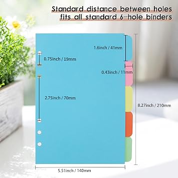 4 Pack A5 Binder Dividers,Paper Index Divider,Horizontal Tabs Page for 6-Holes Ring Binders Notebooks Travel Diary Journal Personal Planner (5-Color, A5)