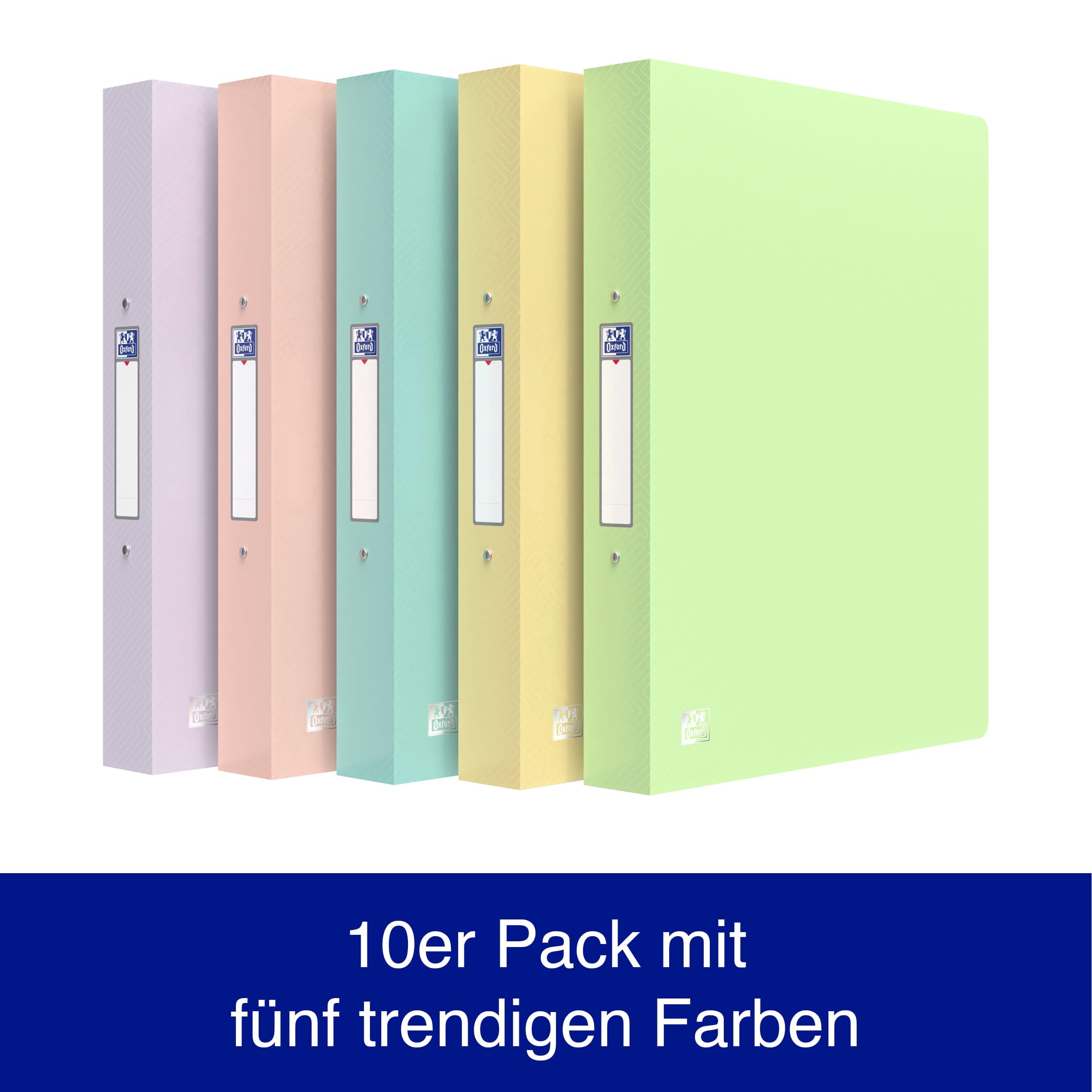 Oxford Urban A4 Ringordner 10er-Pack, 2-Ring-Mechanismus, 40 mm Rücken, bis 250 Blatt, Pastellfarben – Dokumentenordner für Büro, Schule & Home-Office
