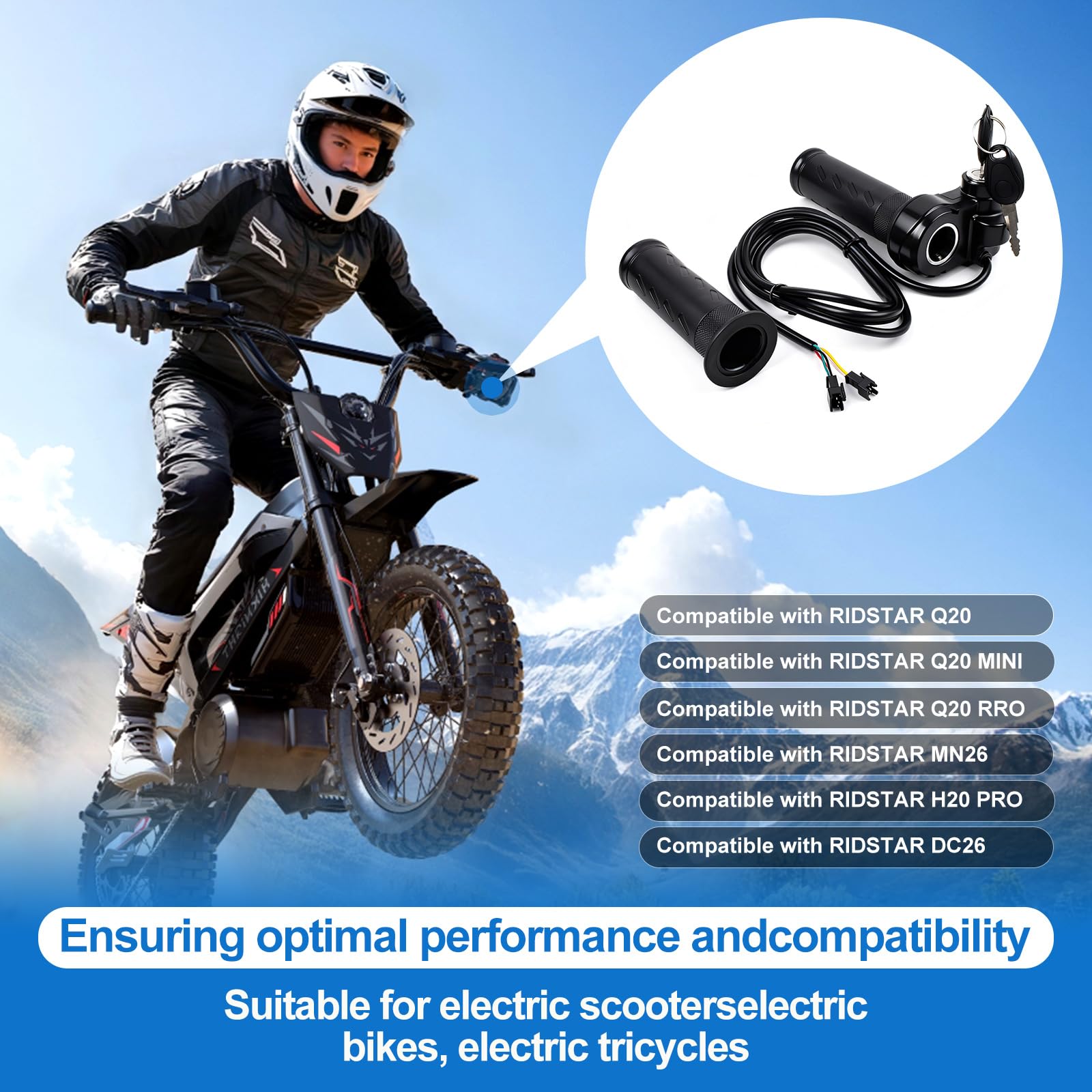 Ridstar Q20 Poignée d'accélérateur pour vélo électrique avec 2 clés, trottinette électrique universelle, design à torsion complète avec accélérateur à 3 broches pour vélo électrique