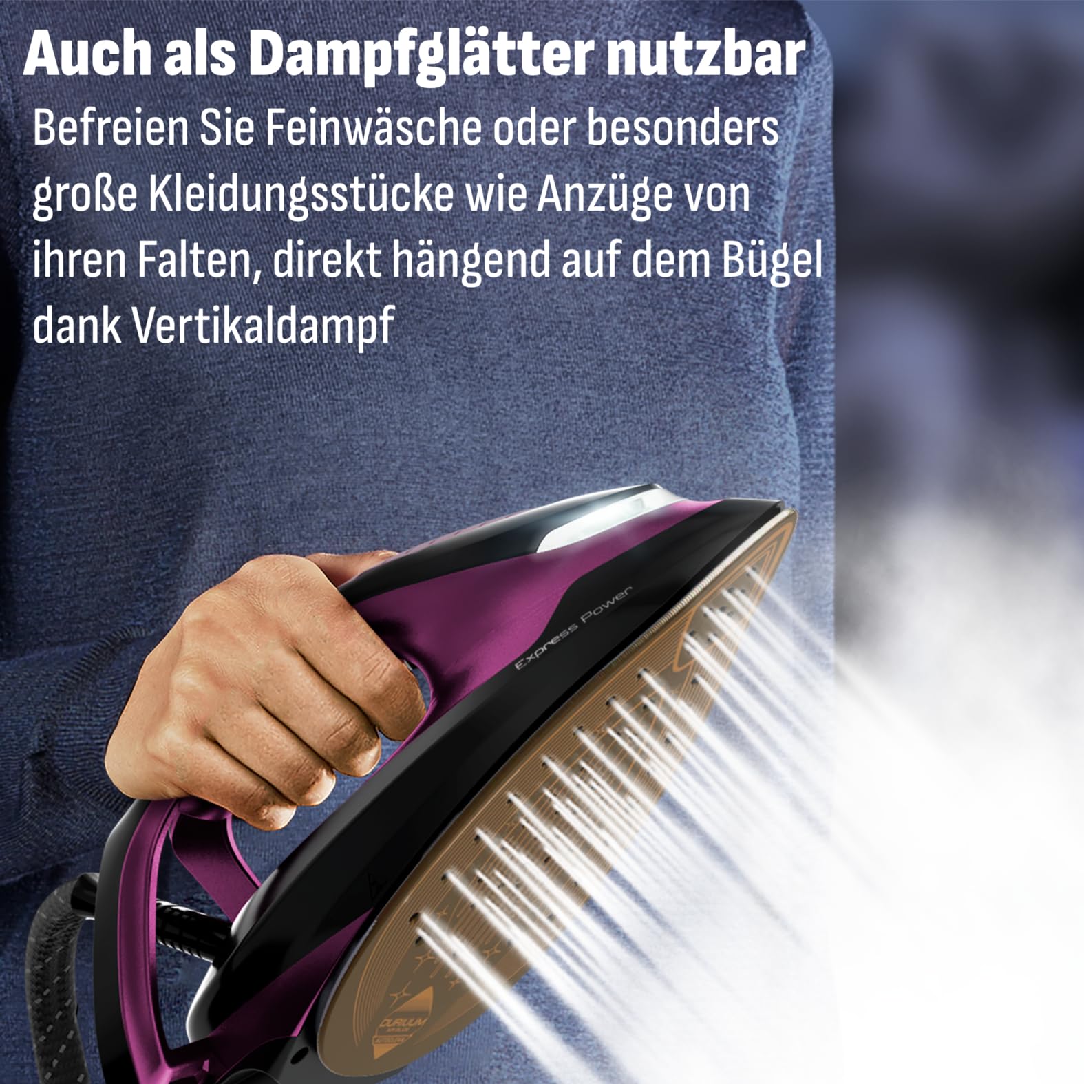 Tefal Express Vision, leistungsstarker 6,9-Bar-Druck, Dampfstoß: 480g/Min., Smart Temp-Technologie, LED Beleuchtung, abnehmbarer Kalk-Kollektor, Eco-Modus, 1,8 L Wassertank, lila/schwarz, SV8152