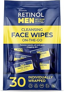 LIVAURA Retinol Men’s Individually Wrapped Wipes, Large Face and Body Wet Wipes with Micellar Water and Vitamins A-C-E, 30 Travel Essentials
