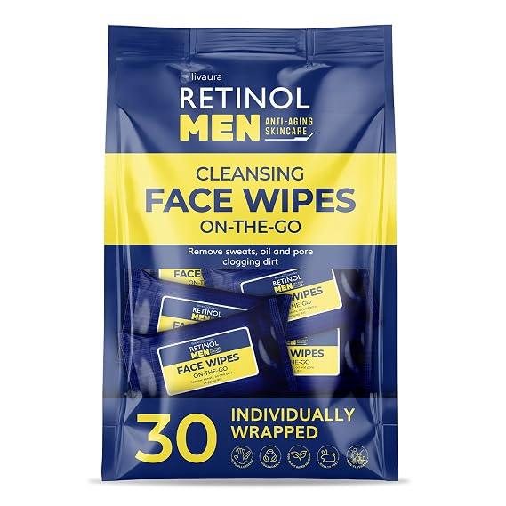 LIVAURA Retinol Face Wipes for Men, Individually Wrapped Travel - 30 Count | Alcohol-free micellar cleansing wipes for oily, sensitive skin - remove sweat, oil and dirt at gym or on the go, daily use