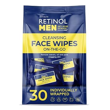 LIVAURA Retinol Face Wipes for Men, Individually Wrapped Travel - 30 Count | Alcohol-free micellar cleansing wipes for oily, sensitive skin - remove sweat, oil and dirt at gym or on the go, daily use