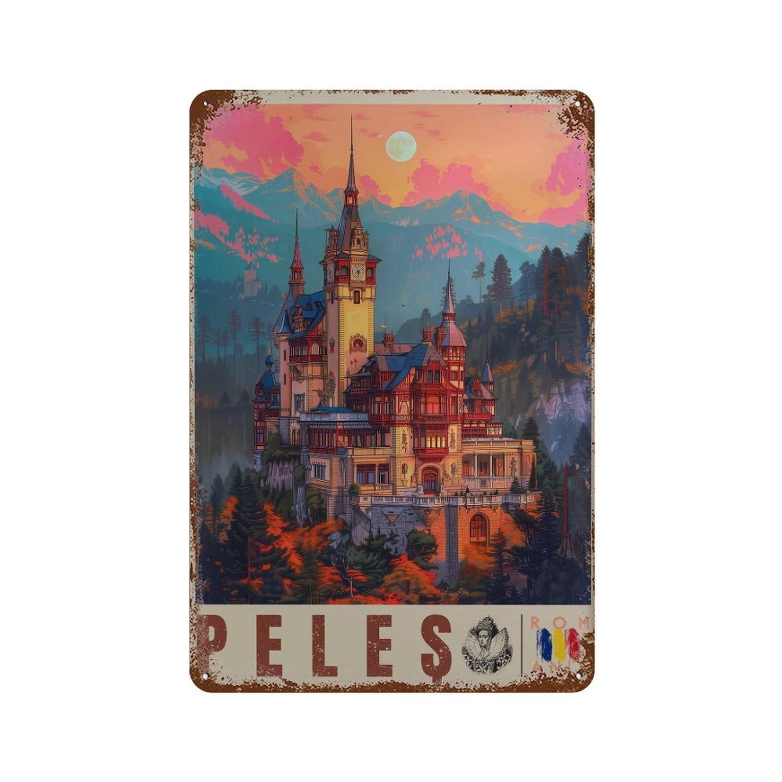 xiaoxiaoshen Peles Castle Travel Romania Mountain Wall Decor Art Metal Tin Poster Modern Home Decor Art Home Bar Shop Decorations Vintage Sign 30x20cm
