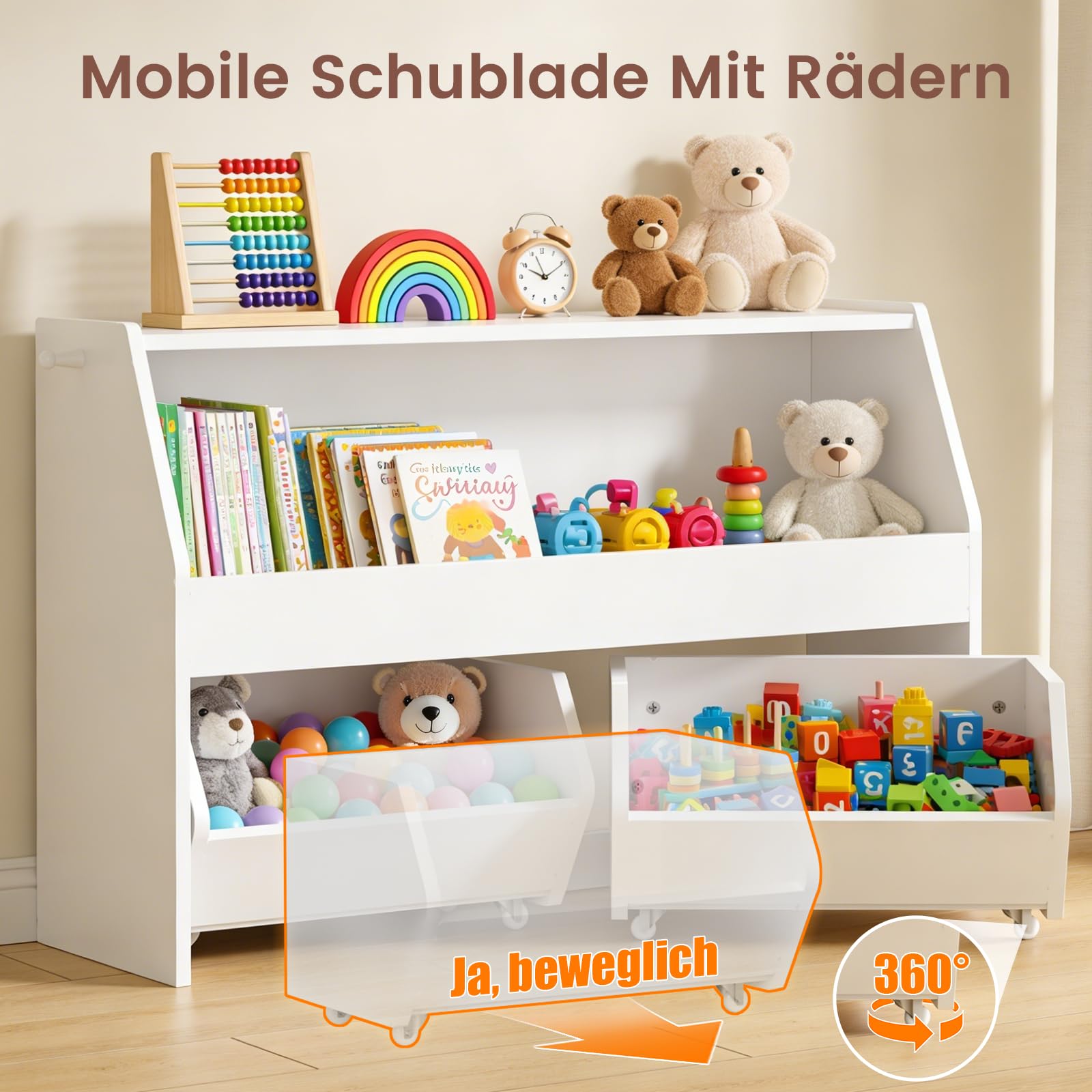 Kinderregal mit Boxen auf Rollen, Spielzeug Aufbewahrung, Bücherregal Kinder, Spielzeugregal Möbel für Kinderzimmer, Regal weiß mit 2 Schubladen - 91x30 x60 cm
