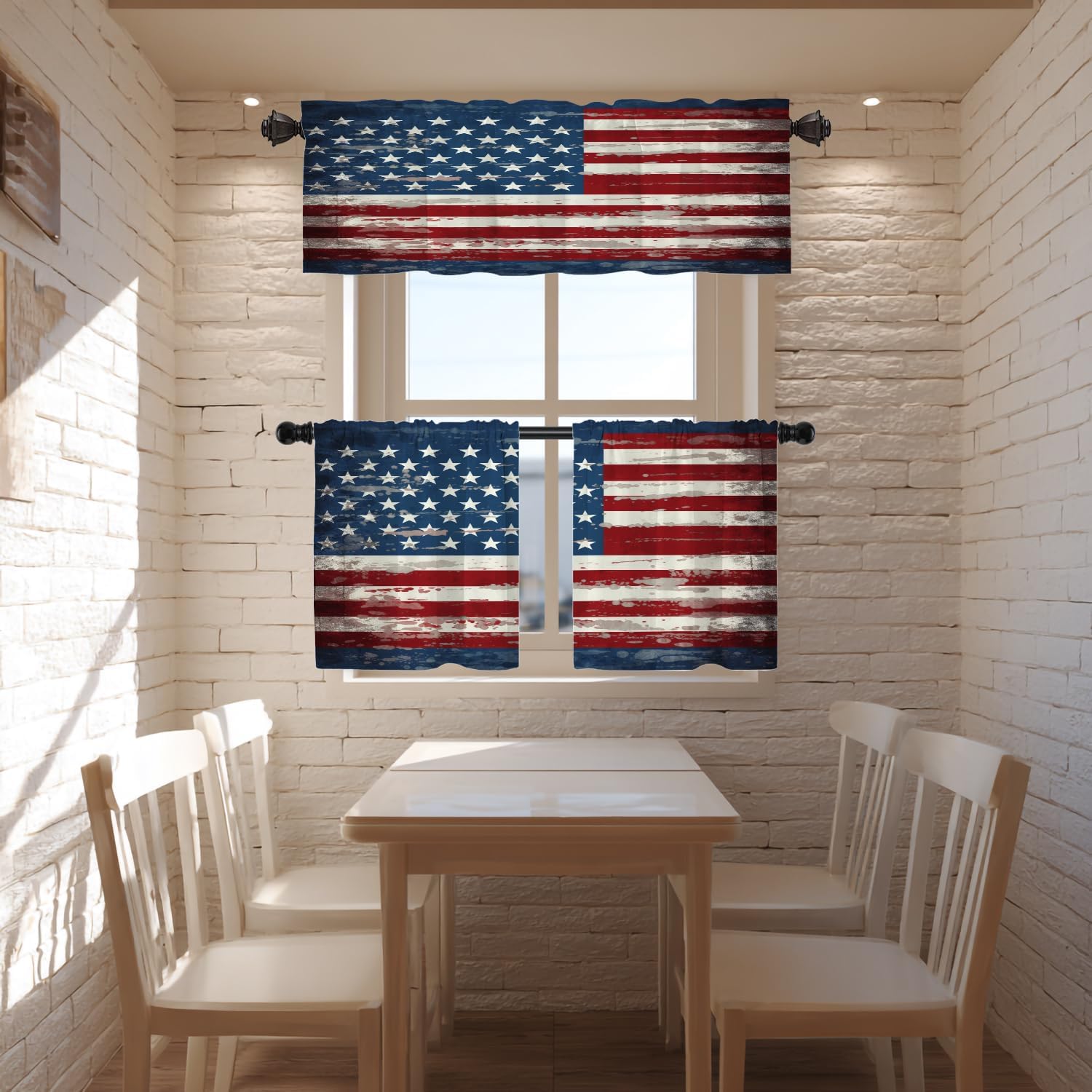 American Flag Blackout Kitchen Curtain, Vintage Red Blue Vector Stripes Ethnic Floral Window Treatment Rod Pocket Light Filtering Bathroom Short Valance 1 Pack 52X18 Inches