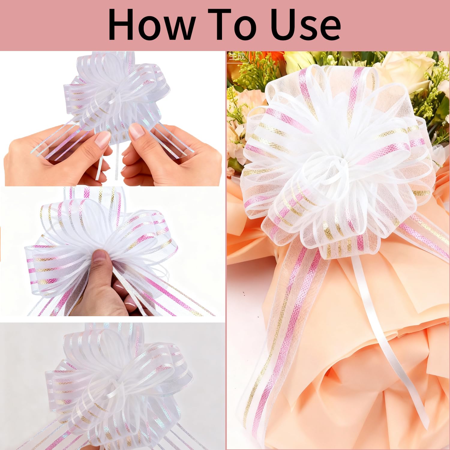 Lazos Grandes de Cinta para Regalo | Lazos Desplegables Blancos de Cinco Hilos - 6 Piezas