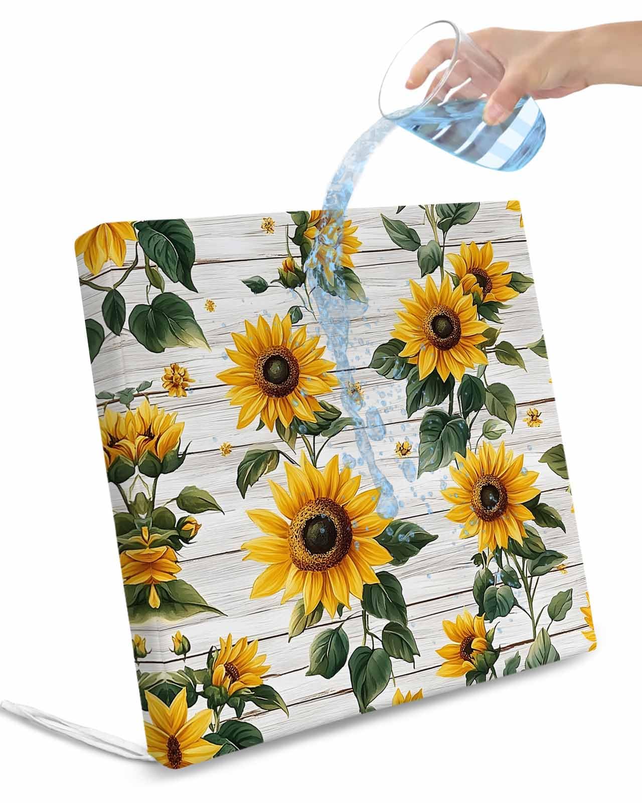 Yellow Sunflowers Outdoor Cushion Chair Cover Set of 4 - Waterproof Couch Seat Covers, Country Botanical Floral Wooden Grain Patio Furniture Protector Cushions Slipcovers for Sofa/RV, 20