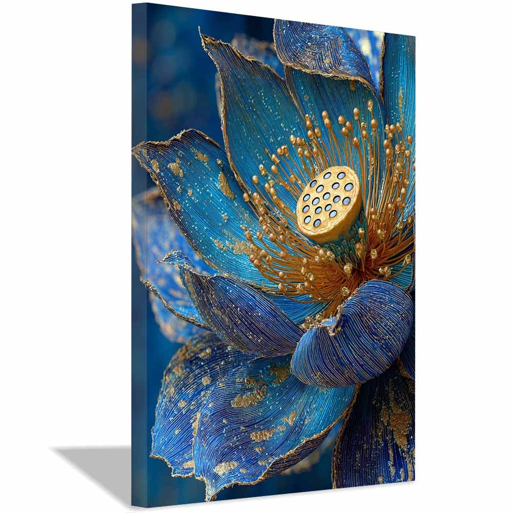 Hoqiu Multicolor Flowers Canvas Blue Lotuses Gold Decor Artwork, Wall Decoration Living Room Bedroom Hallway Stairs Decoration.(Multicolor)-60X80cm Framed