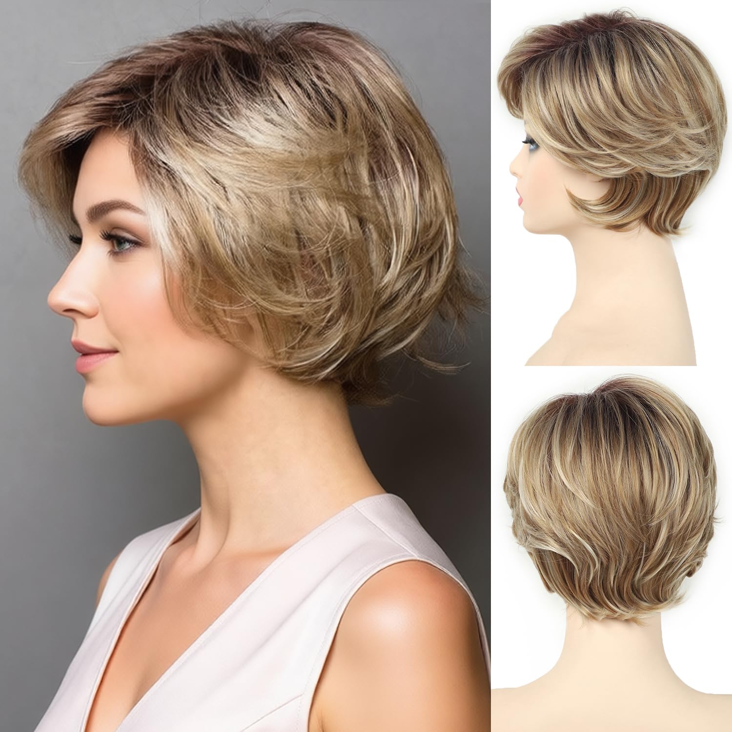 SEVENCOLORS Short Blonde Wigs for White Women Layered Wavy Pixie Cut Wig with Bangs Synthetic Hair Blond Highlights Wigs Natural Looking