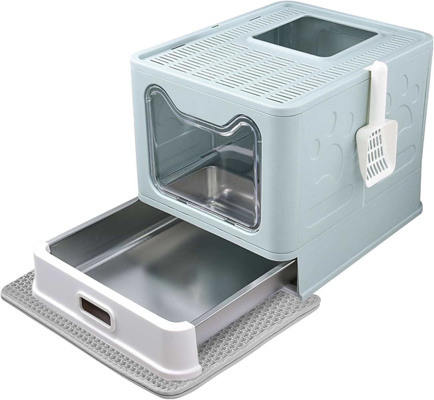 Enclosed Cat Litter Box with Lid Top Exit Covered Metal Stainless Steel Litter Box Leak Proof & Odorless Easy to Clean Including Cat Litter Scoop and Litter Mat Blue