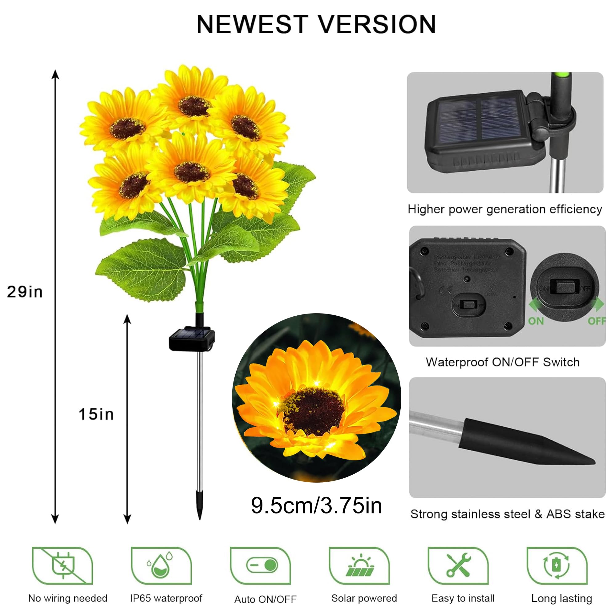 Confezione da 2 luci solari da giardino a forma di girasole, luce bianca calda, a LED, per esterni, per cortile, patio, prato, vialetto, impermeabile IP65, regalo ideale per donne, mamma