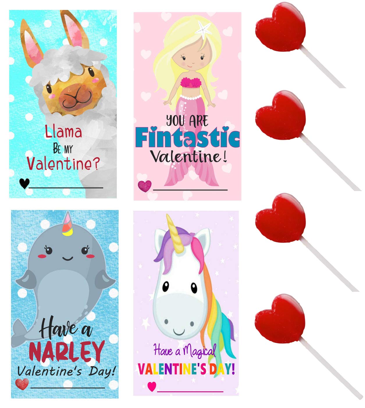 Amazon.com : 20 valentine cards with candy - llama narwhal mermaid and  unicorn - for kids classroom party - set of exchange cards with candy for  20 children (heart suckers) : grocery & gourmet food
