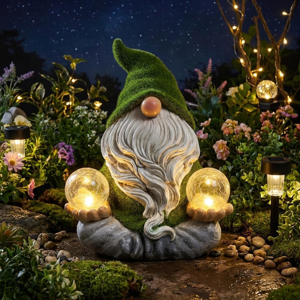 TERESA'S COLLECTIONS Garden Gnomes Decor with Solar Lights, St Patricks Decorations for Outdoor Decor,Resin Flocked Zen Garden Decor Outdoor for Porch Patio, Yoga Gnome Gifts for Women and Men, 6"