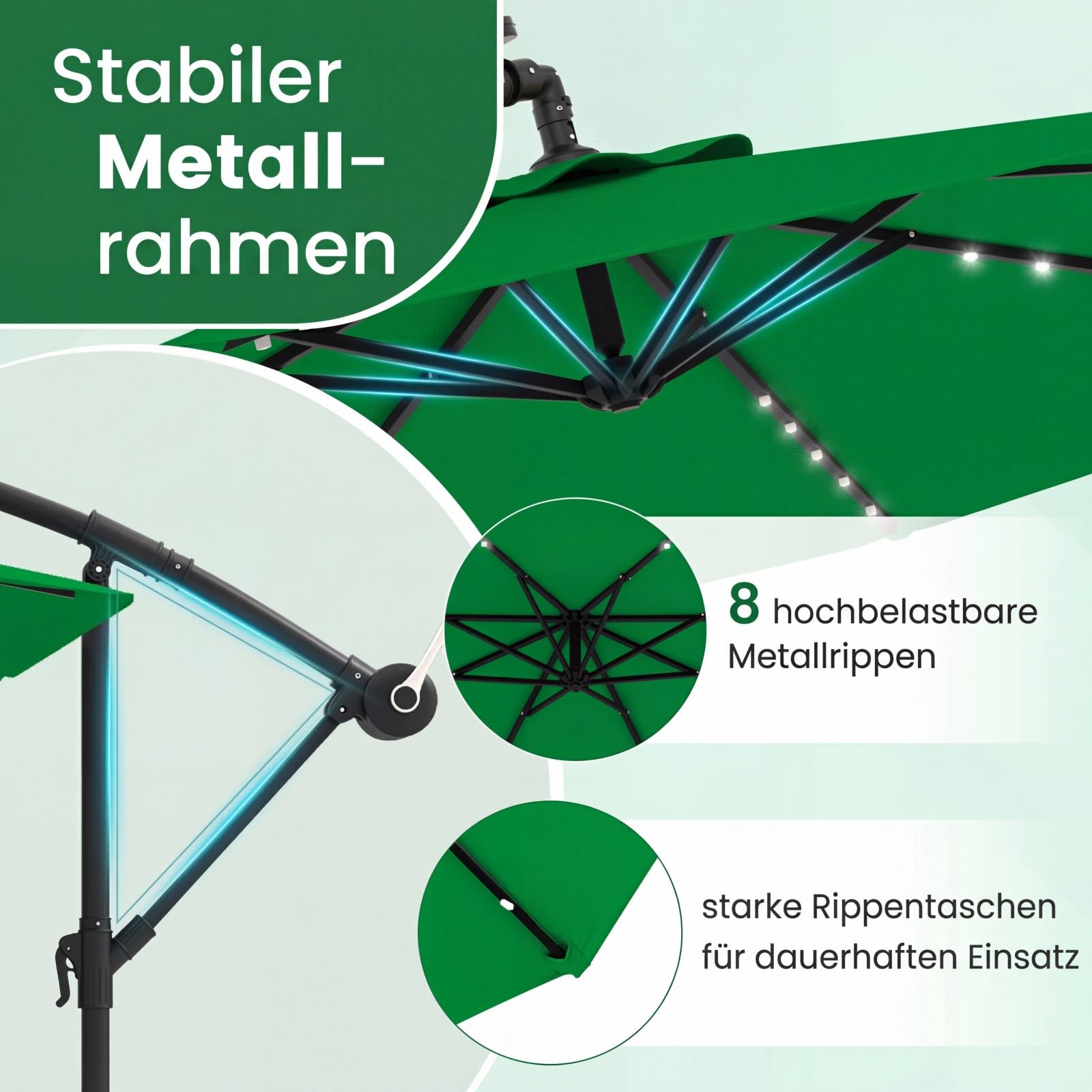 COSTWAY Parasol przeciwsłoneczny 300 cm ze stojakiem i diodami LED, parasol przeciwsłoneczny z korbą, parasol ogrodowy, ochrona przed promieniowaniem UV, parasol na taras, do ogrodu, na basen, taras