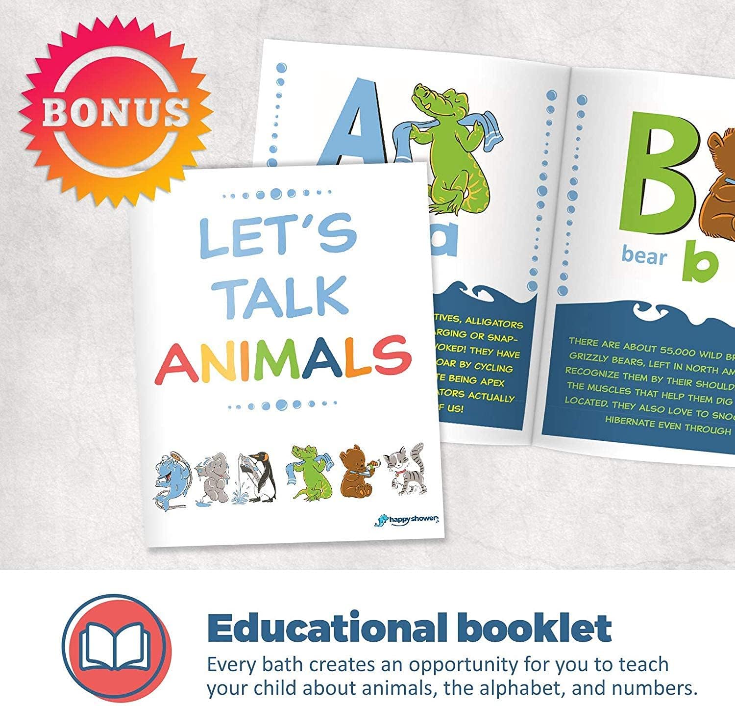 HappyShower Animals ABC Alphabet Shower Curtain for Kids, Educational Booklet Included, 72x72in, Colorful Children's Bathroom Decor, Polyester Fabric, Colored Drawings,12 Hanging Hooks Included