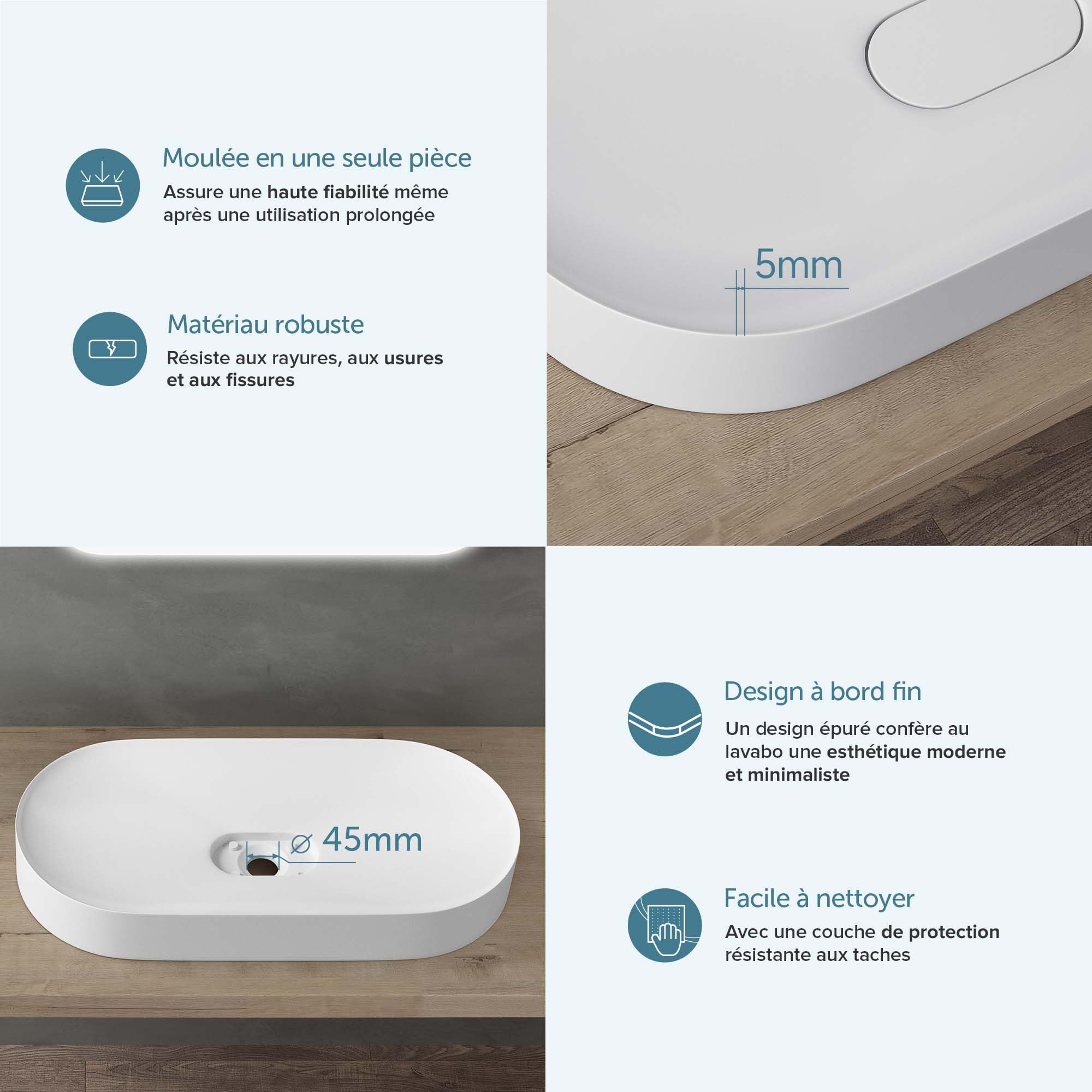 doporro Lavabo da Appoggio Lavandino Bagno 70 cm in Resina Minerale Bianco Opaco Effetto Loto, Senza Foro Rubinetto Colossum826