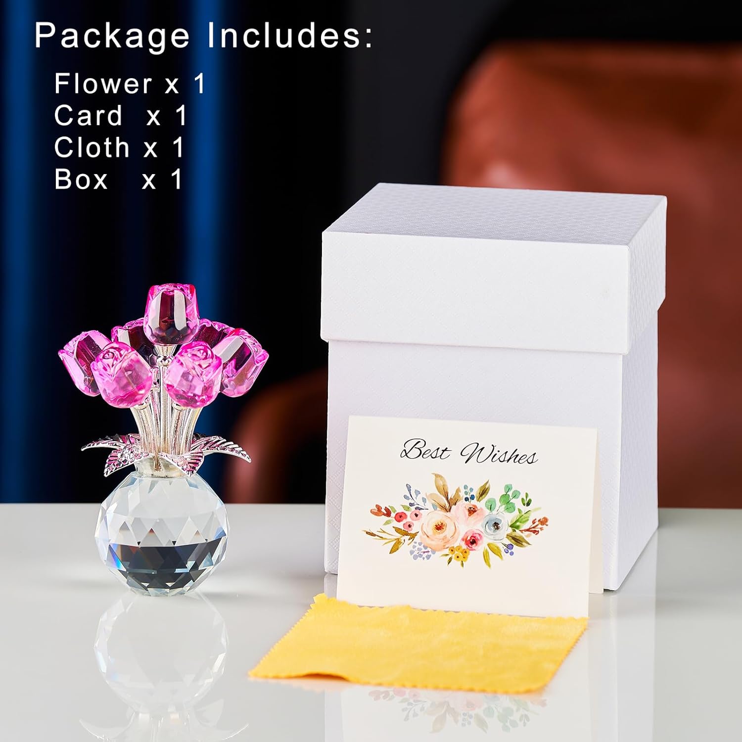 Crystal Pink Rose Flower Glass Flowers Decoration Birthday Gifts for Women Girl Wife Girlfriend Daughter Ornament Bouquet Collectible for Valentine's Day Wedding (Pink Rose 02) - Image 5