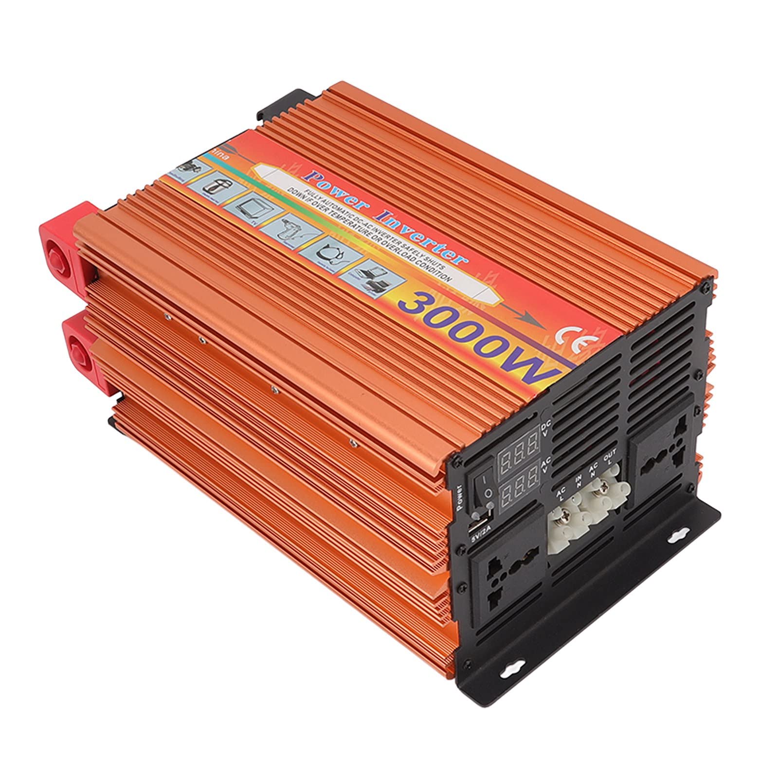 Hyuduo Falownik o Mocy 3000 W, Przenośny Konwerter Prądu Stałego 12 V na Prąd Przemienny 220 V ze Stopu Aluminium, Funkcja UPS, Obudowa Odporna na Ciepło, do Użytku W Samochodzie z energią słoneczną
