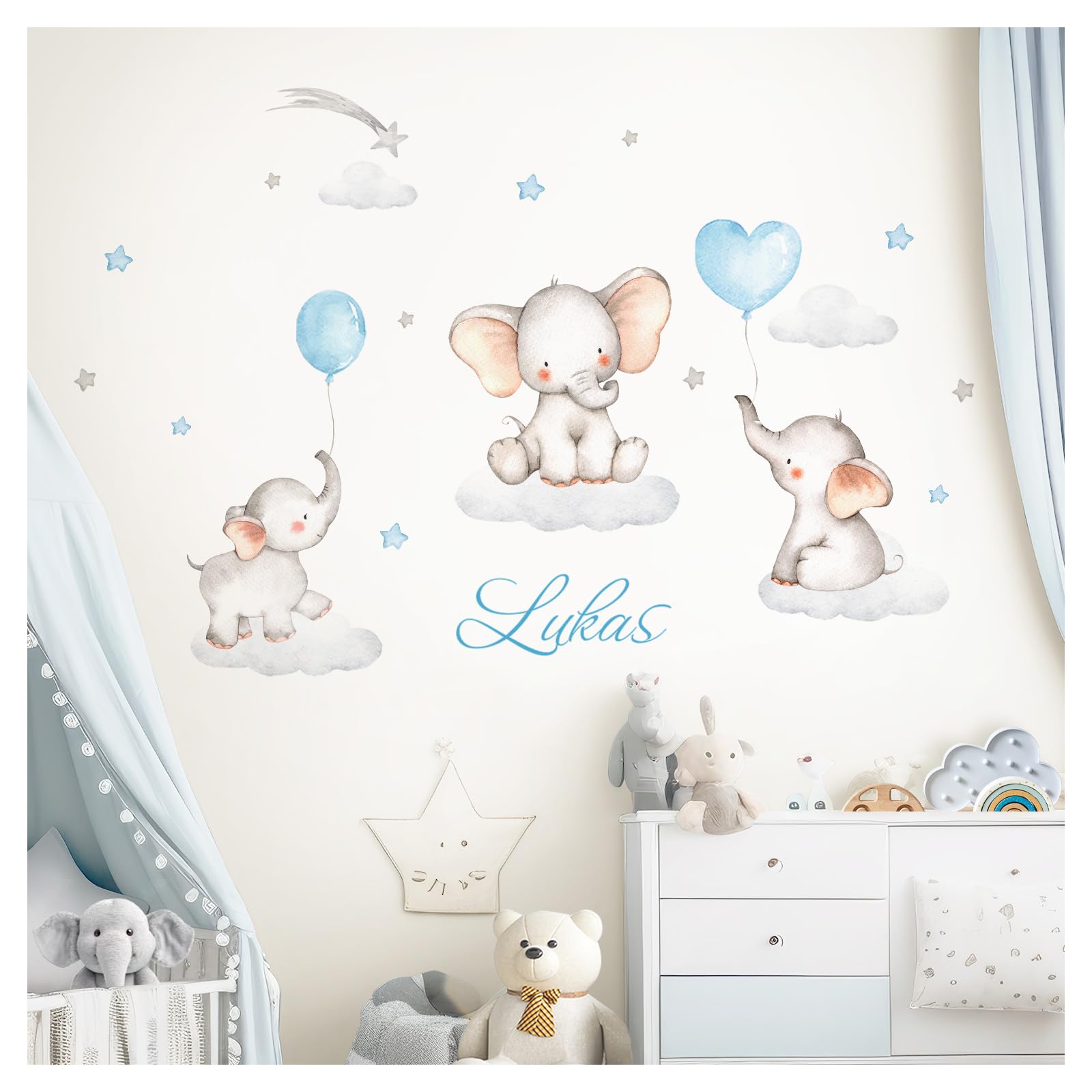 Little Deco Wandtattoo Elefanten & Wunschname I Wandbild 90 x 54 cm (BxH) I Kinderzimmer Babyzimmer Aufkleber Sticker Wandaufkleber Wolken Wandsticker Sterne DL709