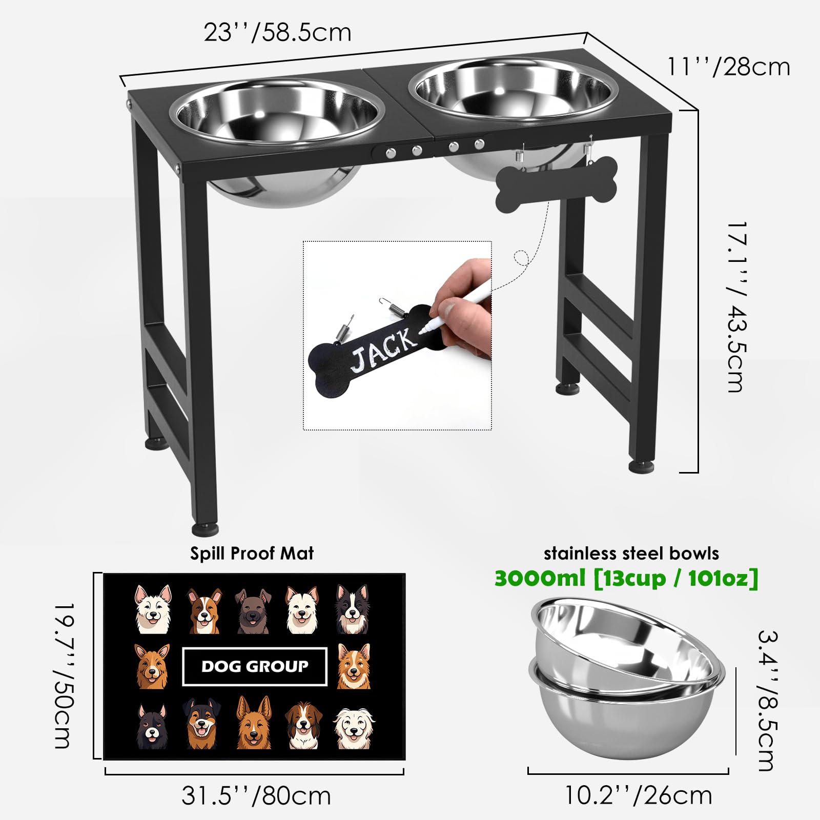 ADENGL Cuencos elevados para perros para razas grandes y grandes, soporte elevado con 2 cuencos de acero inoxidable (102 onzas) y alfombrilla a prueba de derrames, comedero para perros de 17 pulgadas
