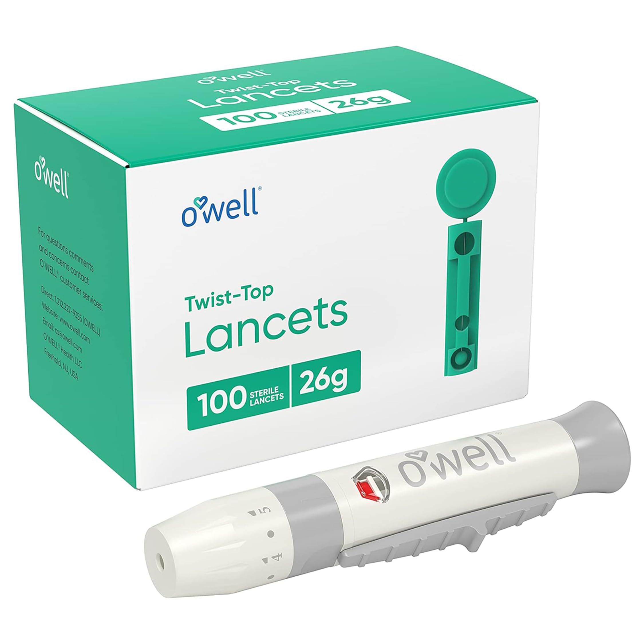 OWELL Lancing Device Kit, Adjustable Diabetic Lancet Device for Blood Sugar Testing, Includes 100 Count 26 Gauge Twist-Top Sterile Lancets for Diabetes Testing on Thick & Calloused Skin