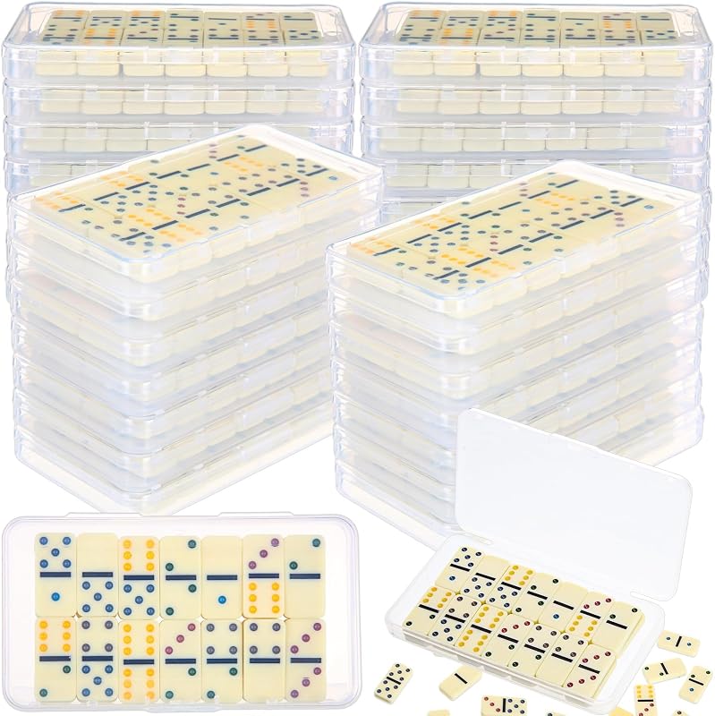 Foilswirl 24 Pack Mini Domino Game Set Bulk Double 6 Dominoes 28 Pieces Tile Colored Dots Domino Game with Clear Plastic Box Family Board Games Party Favor Travel Box Educational Toys for Adults