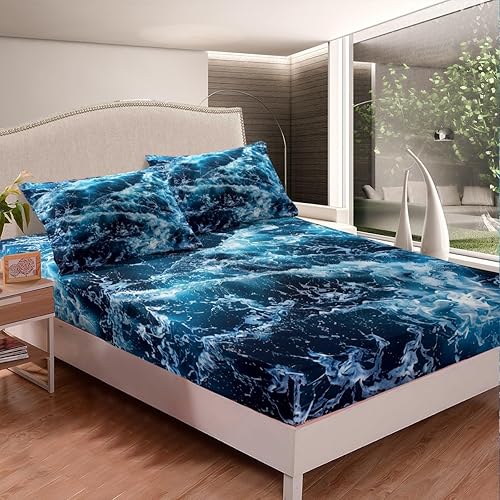 Miniatura 3 de Erosebridal Juego de sábanas de olas azules, tamaño individual, juego de sábanas con estampado de océano y mar de verano, sábanas con bolsillo