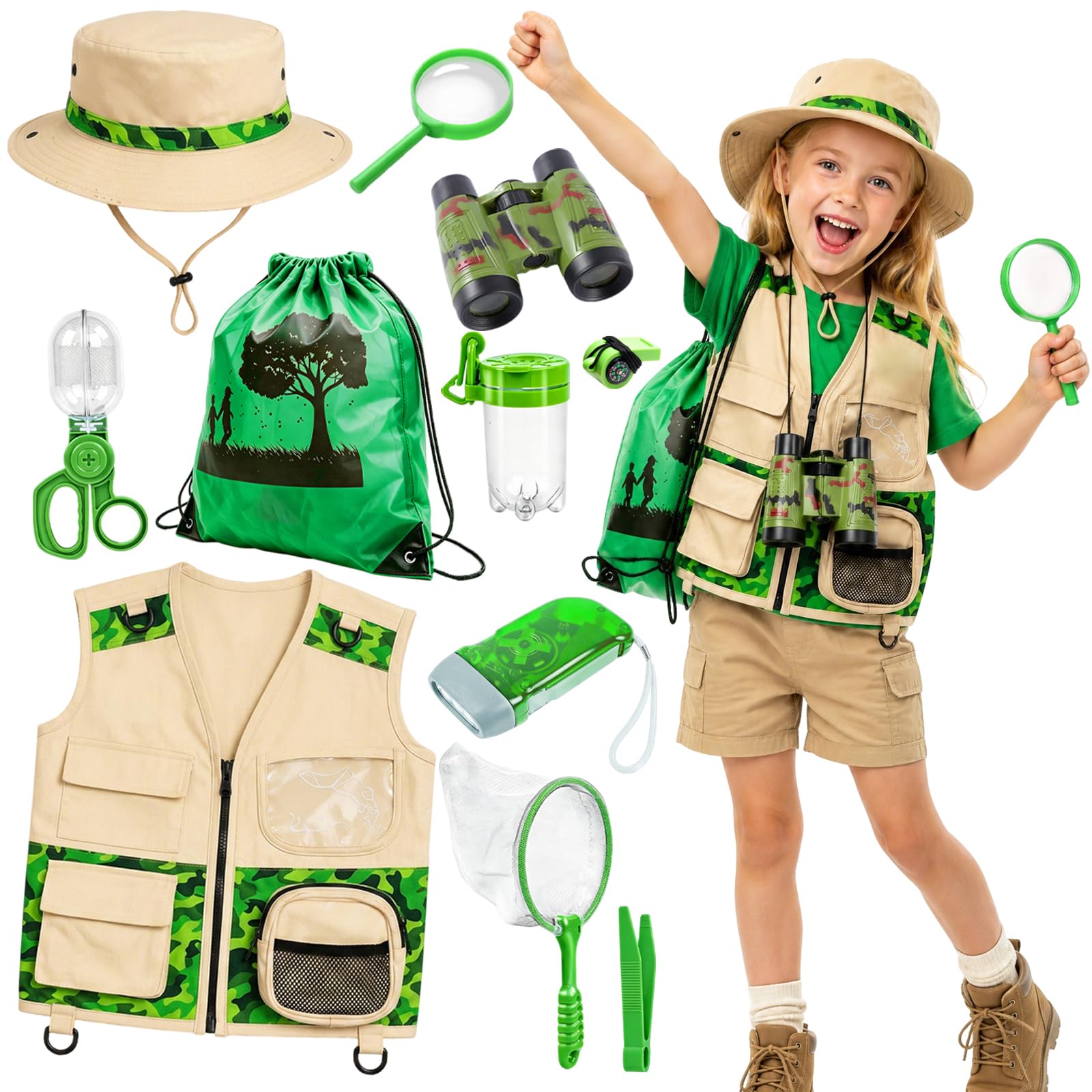 Explorer Costume Kids, 11 Pcs Explorer Kit with Safari Vest Pockets, Hat, Binoculars, Bug Catcher Kit, Whistle, Torch, Magnifying Glass,Storage Pouch, Adventure Role Play Dress for Boys Girls 3-7Y