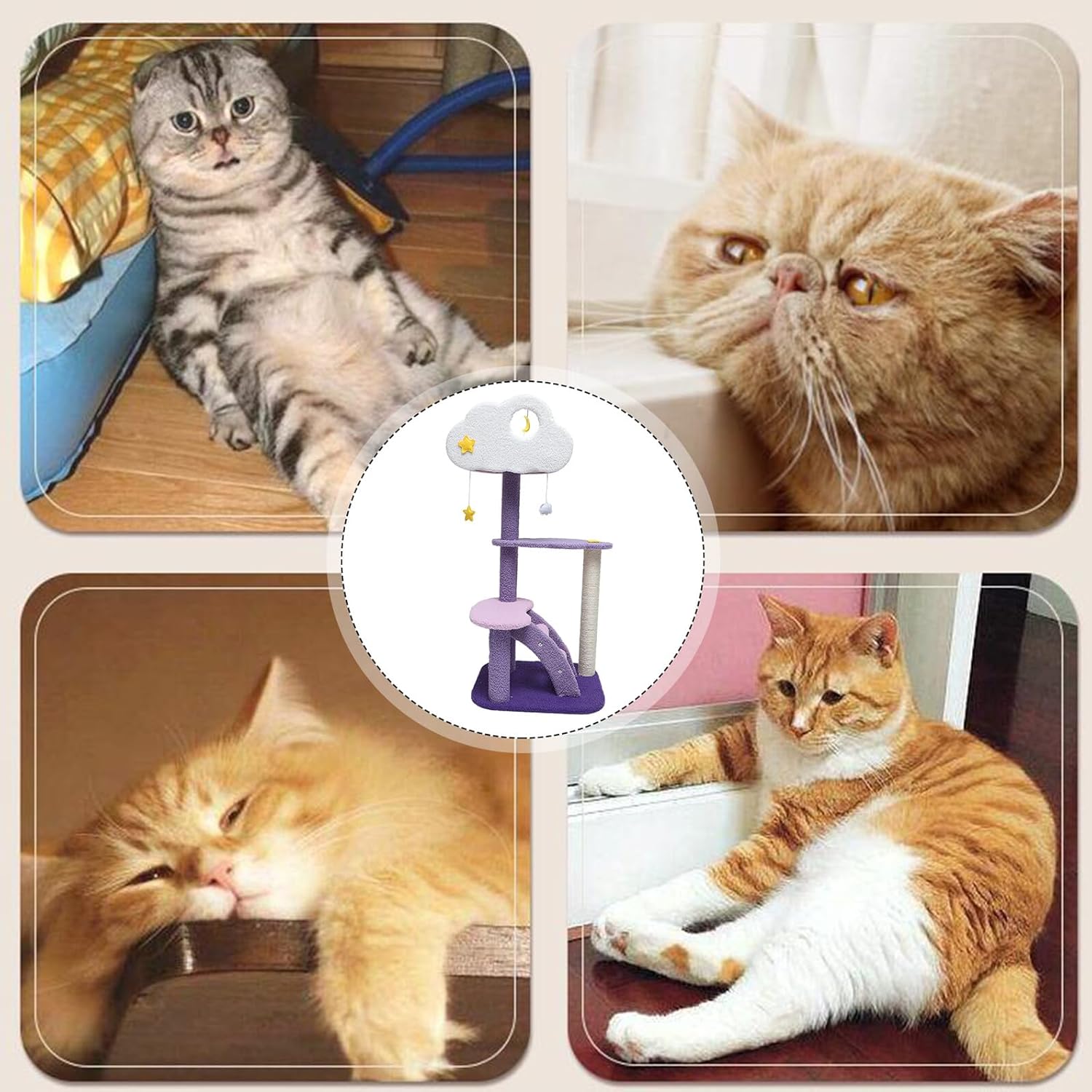 Balacoo Multi-Level Cat Climbing Frame and Castle Shape Cat Tree with Plush Nest Four-Tier Tower with Scratching Posts and Jumping Platforms and Kittens