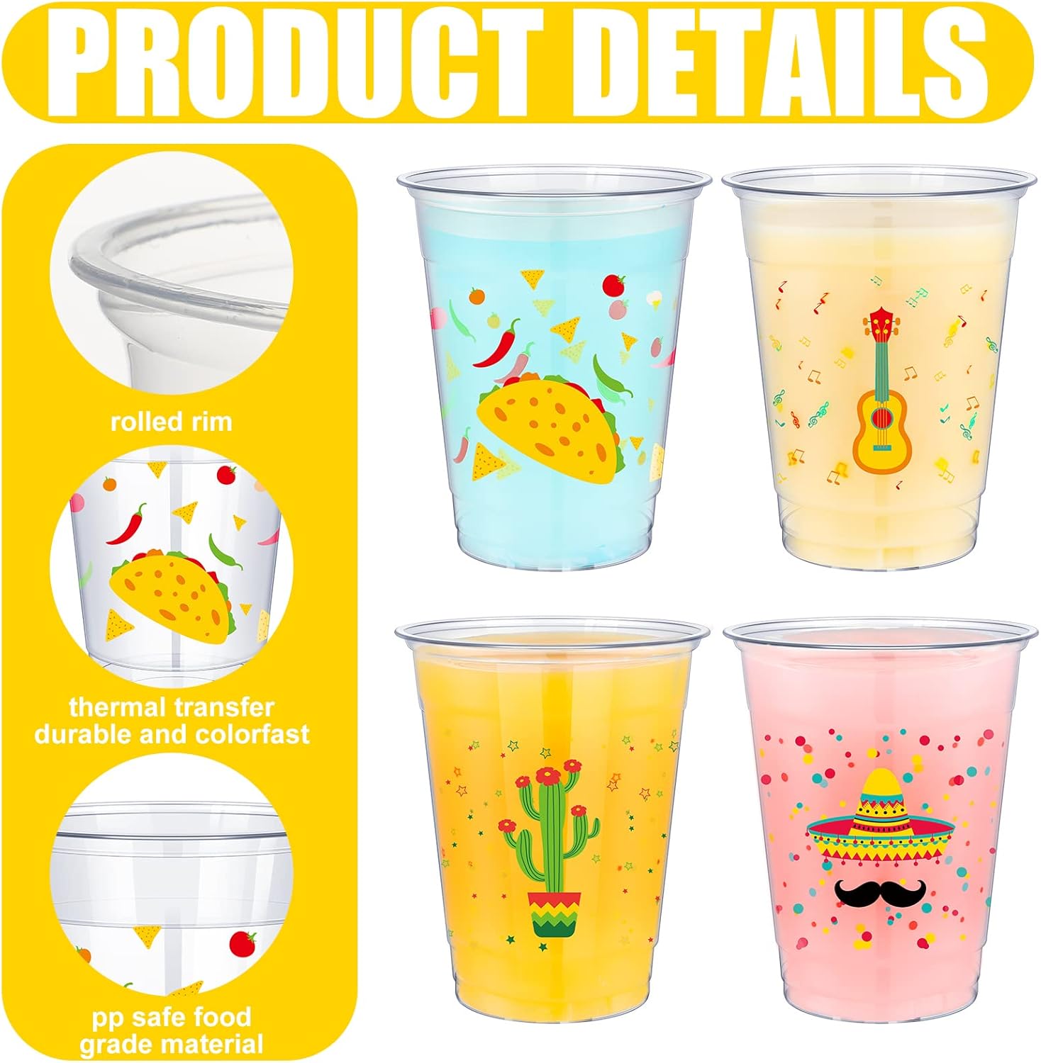 meekoo 200 Pcs 12 oz Fiesta Cup Plastic Mexican Cup Clear Disposable Margarita Glasses Cinco De Mayo Party Decorations for Tequila Birthday Party Drinkware Taco Supplies, 4 Style - Image 3