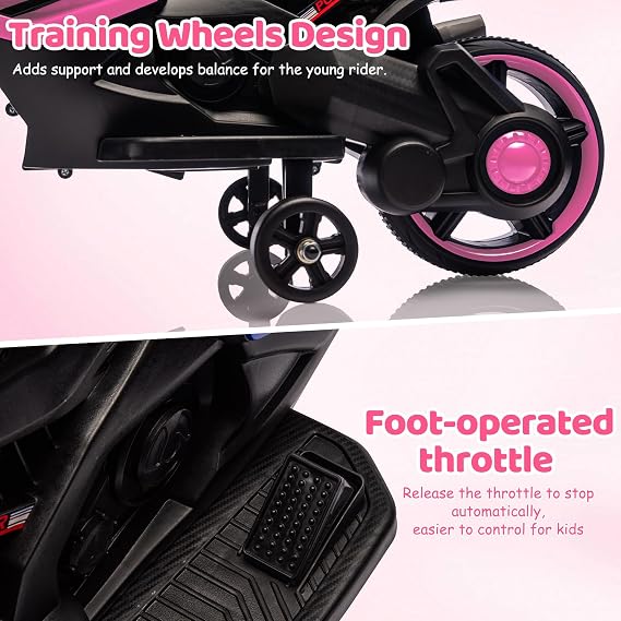 Kids Ride On Motorcycle, 6V Battery Powered Electric Motorcycle, w/Treaded Tires, Horn, Working Headlight, Music, Training Wheels, Stable Ride On Toys for Kids Toddler Boys Girls 3-6, Pink