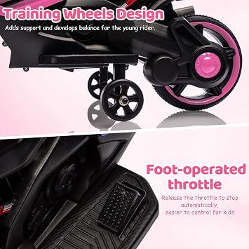 Kids Ride On Motorcycle, 6V Battery Powered Electric Motorcycle, w/Treaded Tires, Horn, Working Headlight, Music, Training Wheels, Stable Ride On Toys for Kids Toddler Boys Girls 3-6, Pink