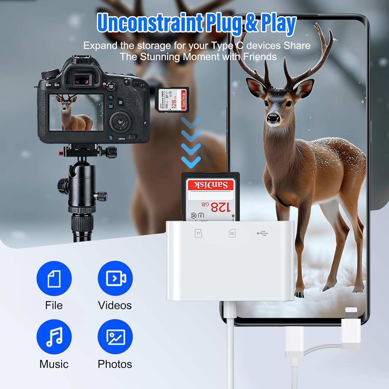 SD Card Reader for iPhone iPad, Built-in Lightning USB-C Dual Port SD Card Adapter with SD MicroSD USB 3 Slots Trail Camera Memory Card Viewer, No App Required, Plug and Play