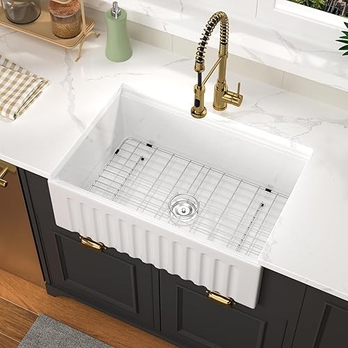 Vista 85 de Fregadero de 33 unidades de arcilla refractaria de 33 x 20 x 10 pulgadas, color blanco, fregadero de cocina de porcelana de cerámica, estilo casa