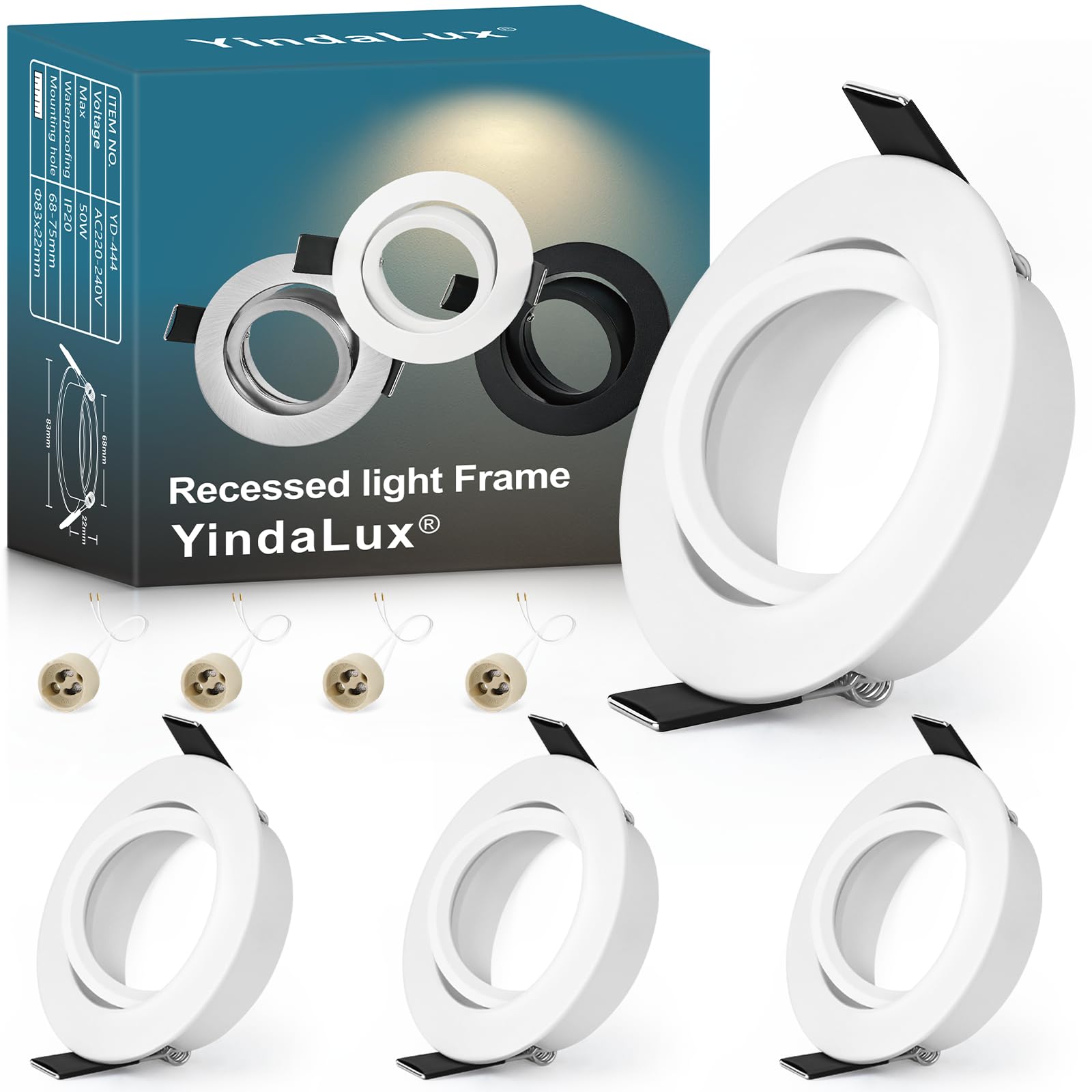 YindaLux 4 Pack GU10 Downlight Bezels White, 45° Adjustable Aluminium Recessed Spotlight Frames, 230V with GU10 Holder, Ø84mm, Cut-Out 68-75mm, Round Ceiling Spots, No Bulb