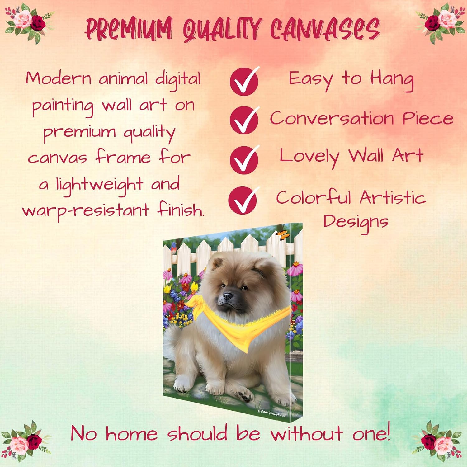 Spring Floral with Chow Chow Dog Canvas Wall Art - Premium Quality Ready to Hang Room Decor - Black Floating Framed 16" x 24"