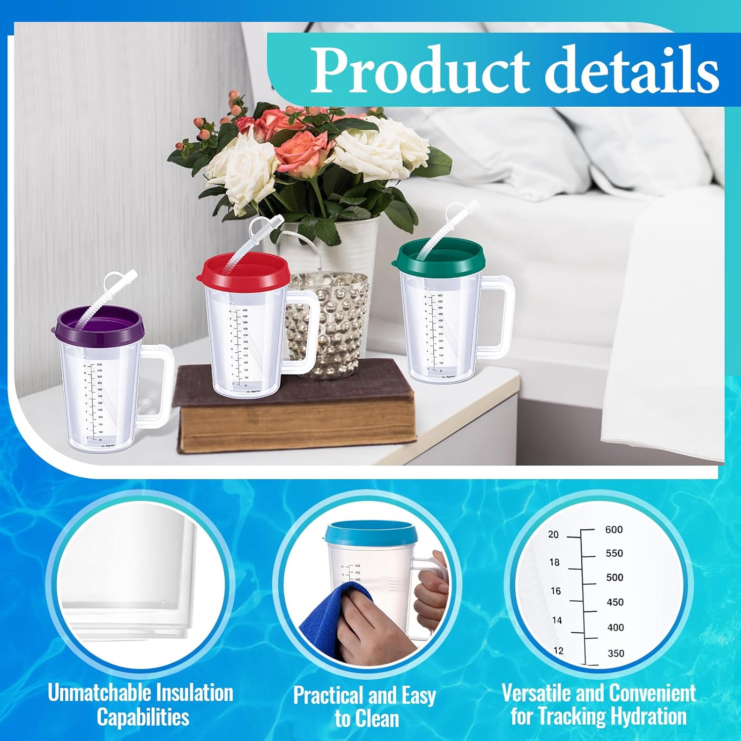 4 Pcs 20 oz Hospital Water Cup with Straw and Lid Insulated Double Walled Elderly Water Bottle Hospital Carafe Mug with Handle Graduated Plastic Drinking Sippy Cup for Adult(Mixed Color)