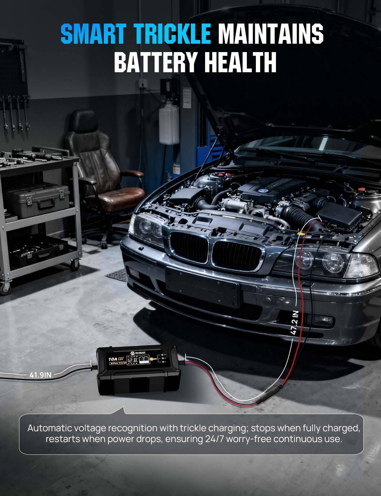 DC House Chargeur de batterie 12 V 10 A, chargeur intelligent de voiture entièrement automatique Désulfateur pour batteries plomb-acide et LiFePO4 de voiture, moto, camion, tondeuse à gazon