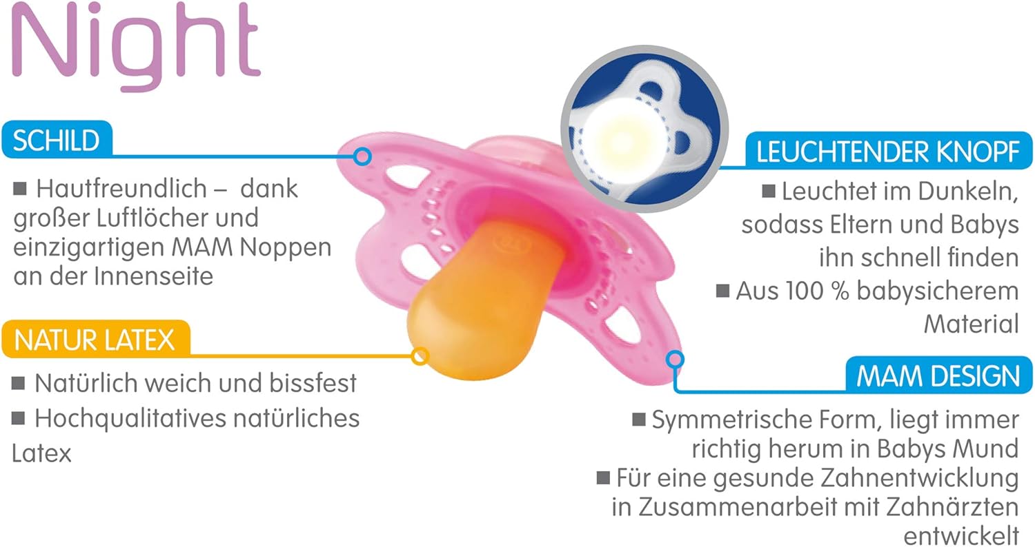 MAM Original Night Latex Dummies Set of 2, Luminous Baby Dummy, Tooth
