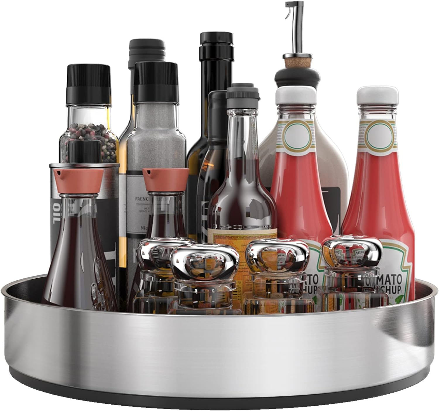 VAEHOLD Pantry Cabinet Lazy Susan Stainless Steel Black Spice Rack Turntable - Decorative Trays Storage Containers Organizer for Kitchen Cabinet, Snacks, Bathroom (12 inches) 12'' Silver
