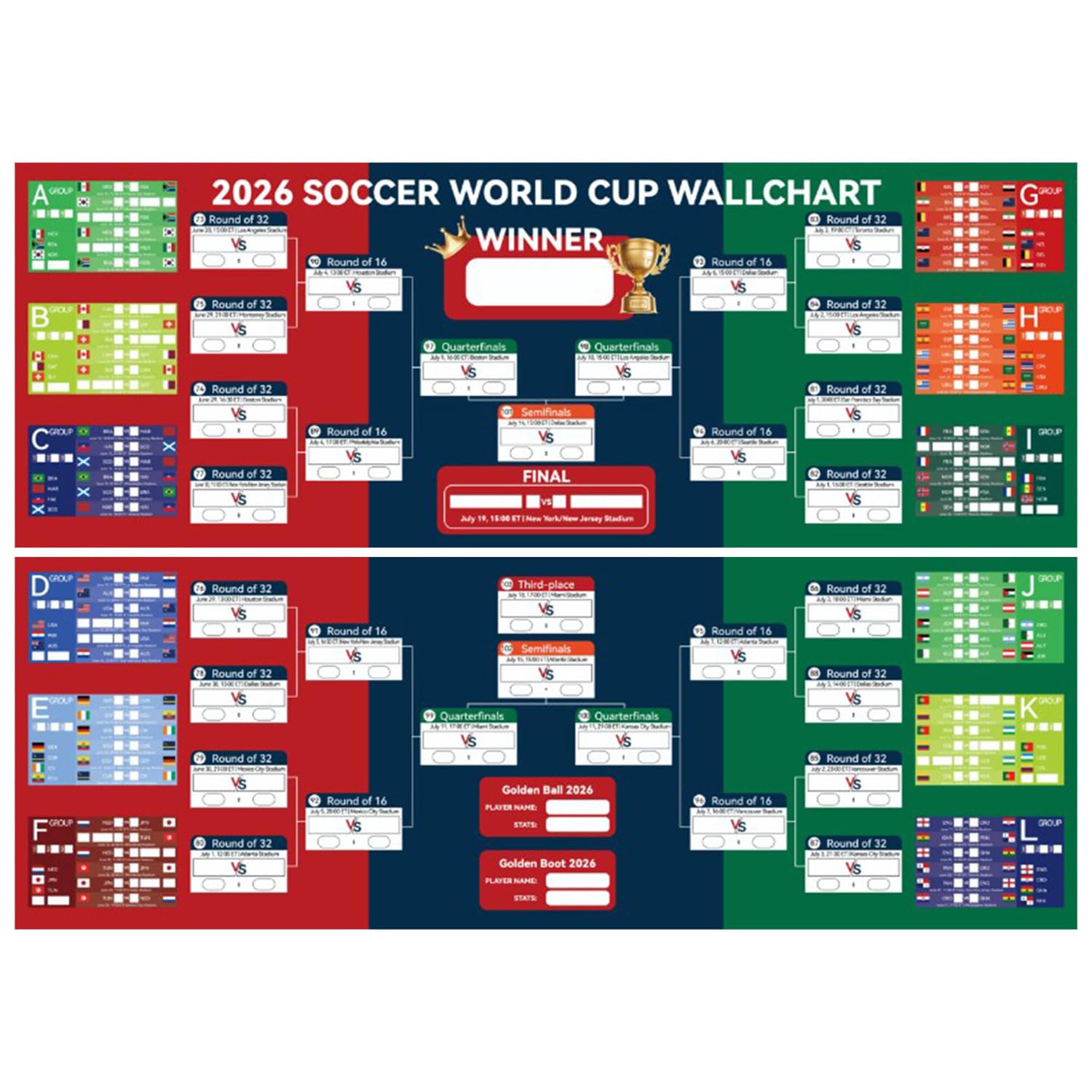 TASBER 2026 World Cup Wall Chart Kit, Large Reusable Tournament Bracket Poster with 12 Groups, Flag Stickers & Dry-Erase Markers, Track Matches to Final, Ideal for Parties, Home & Office Decor (1pc)