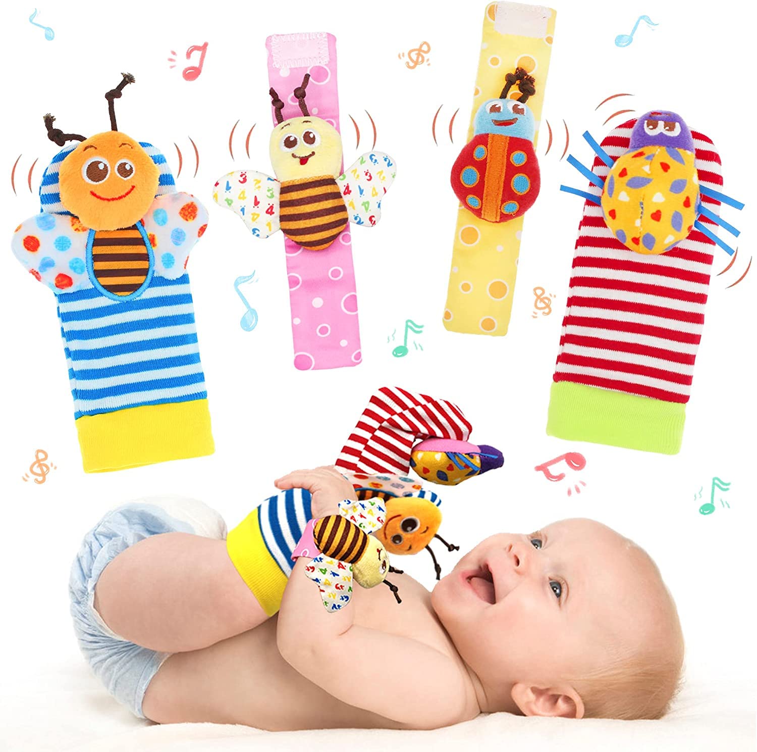 4pcs Wrist Rattles Foot Finder Rattle Sock Baby Toddlor Toy,Rattle Toy,Arm Hand Bracelet Rattle,Feet Leg Ankle Socks, Present Gift for Newborn Infant Babies Boy Girl Bebe