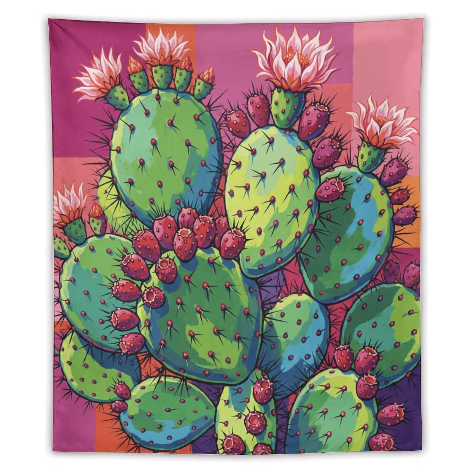 W7C8U2X3 Pink Cactus Botanical Wall Tapestry, Bold Neon Garden
