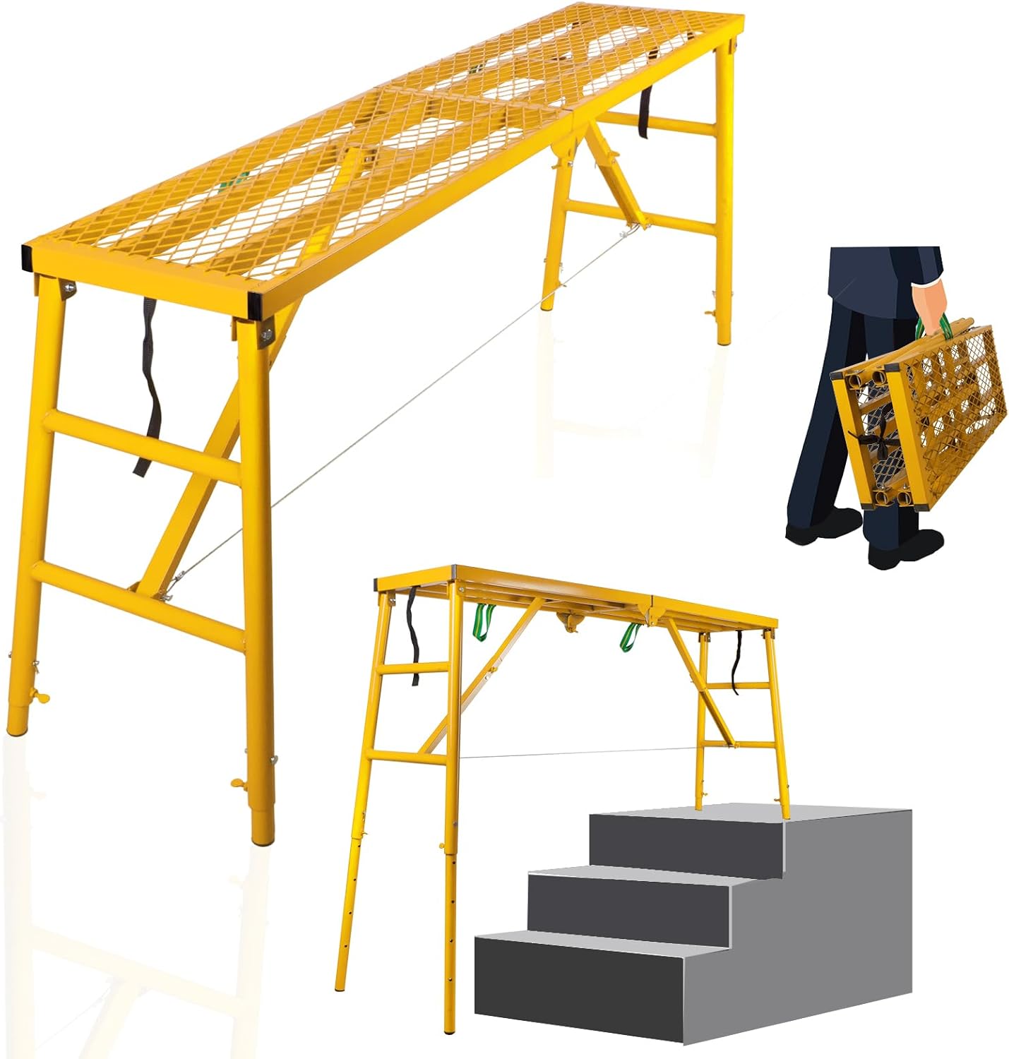 Folding Scaffolding Platform, 71(L) x15.7(W) x51(H)”770 Lbs, Adjustable Steel Industrial Step Ladders, Portable Heavy Duty Work Platform for Construction Sites and Renovations