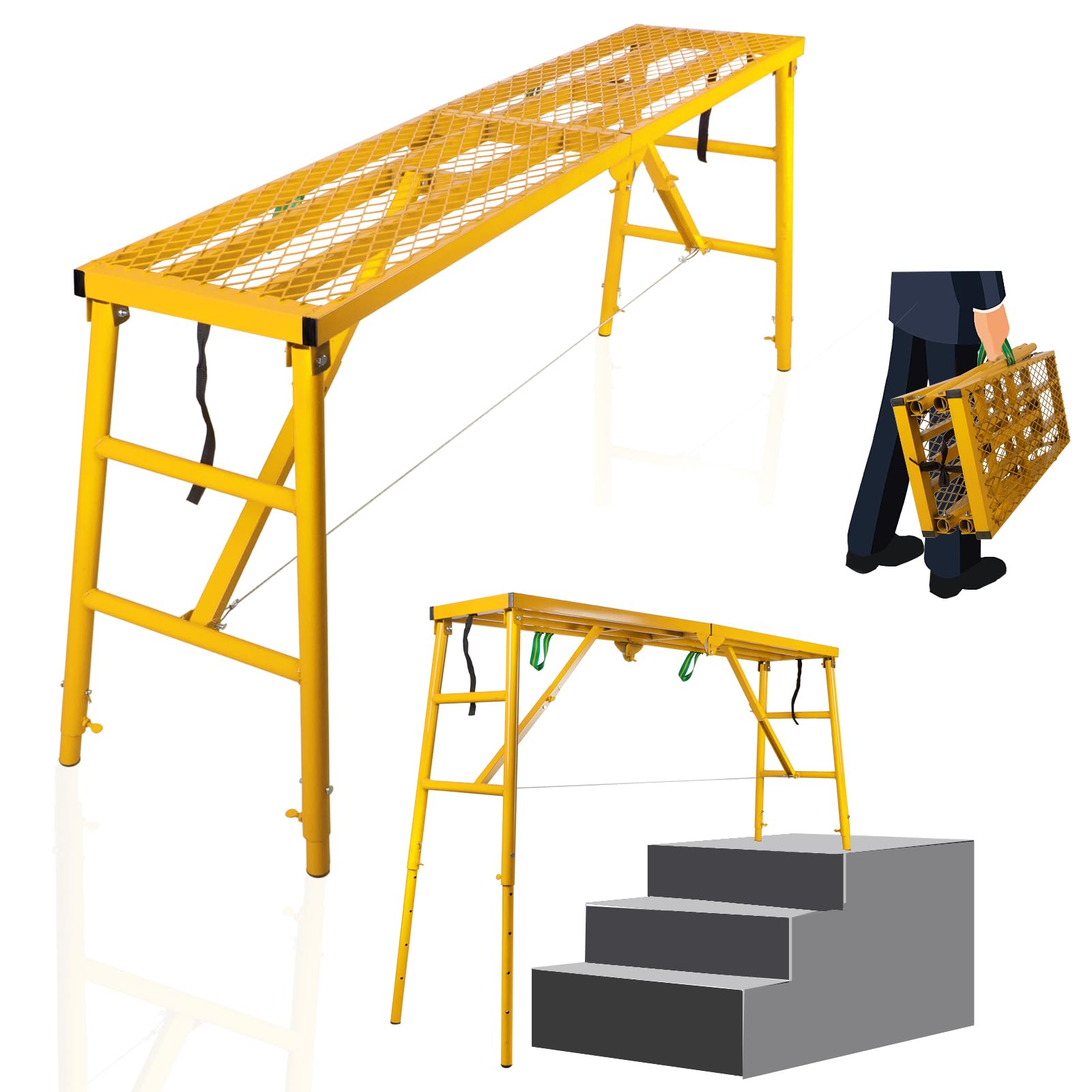 Folding Scaffolding Platform, 71(L) x15.7(W) x51(H)''770 Lbs, Adjustable Steel Industrial Step Ladders, Portable Heavy Duty Work Platform for Construction Sites and Renovations-picture-12